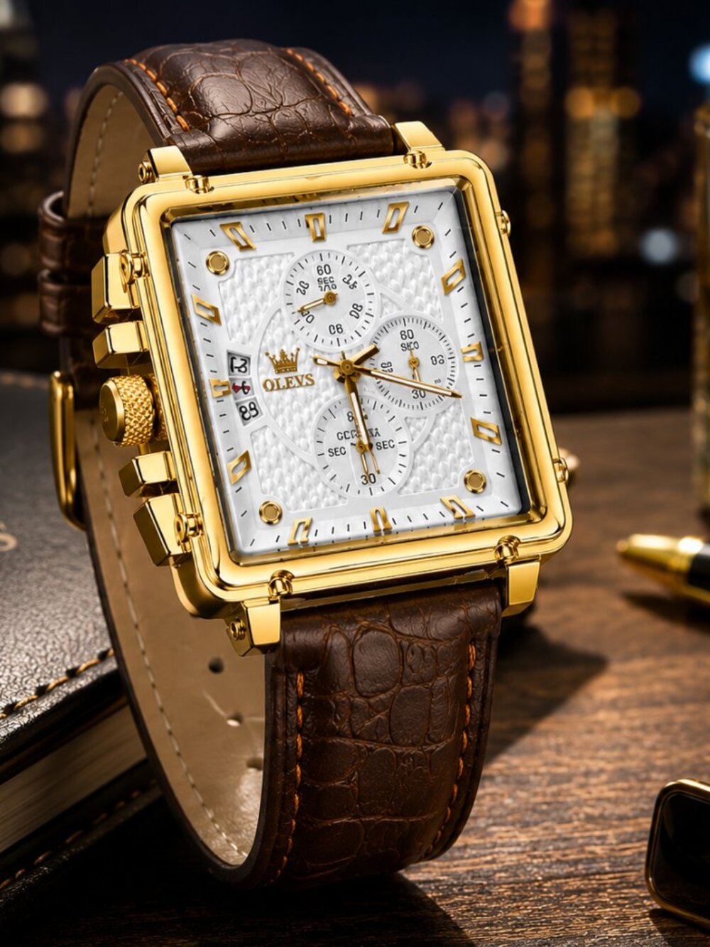 OLEVS Gold Square Quartz Watch Brown Leather New Box